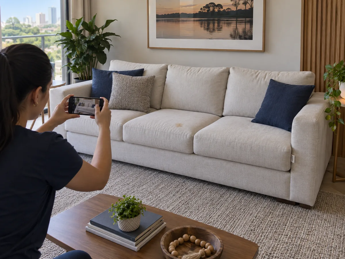 Cliente fotografando o sofá inteiro e uma marca localizada para solicitar orçamento