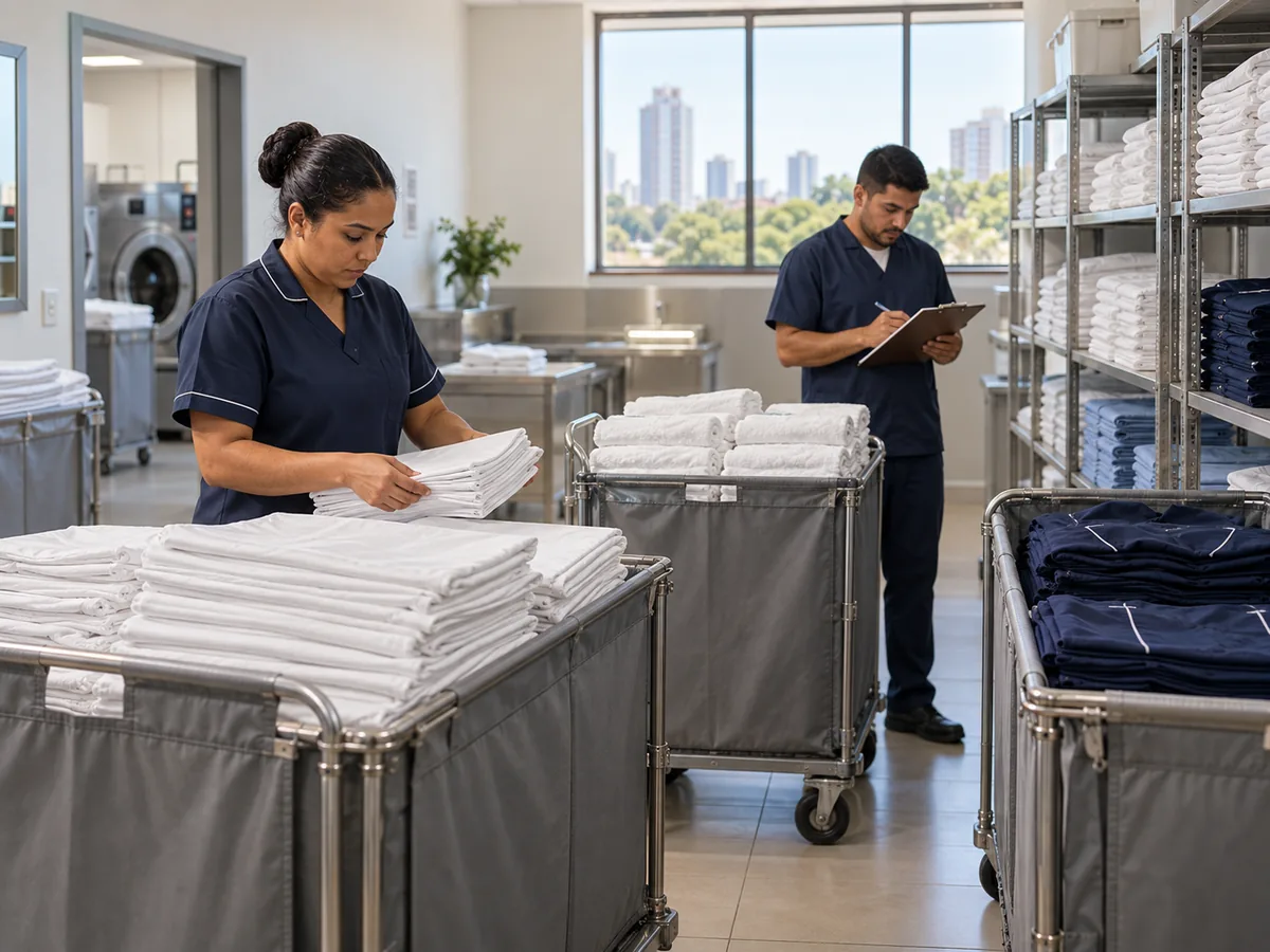 Equipe organizando volumes de enxoval para um atendimento empresarial recorrente