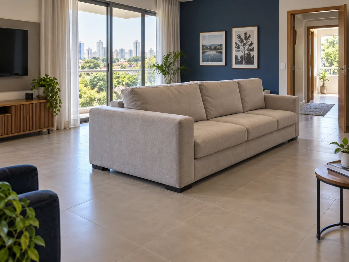 Sala preparada com circulação livre em volta do sofá e acesso pela porta