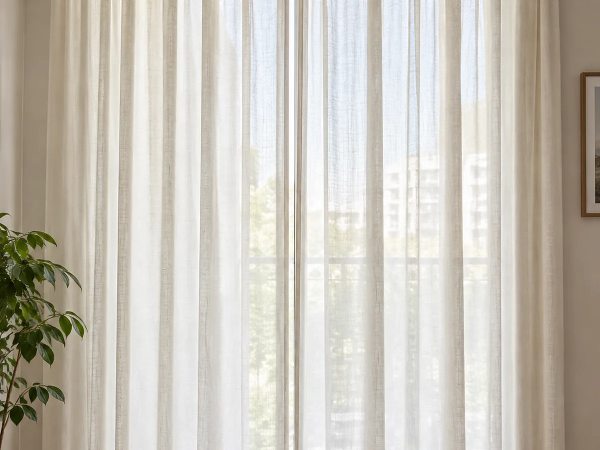 Cortinas claras reinstaladas em um ambiente iluminado