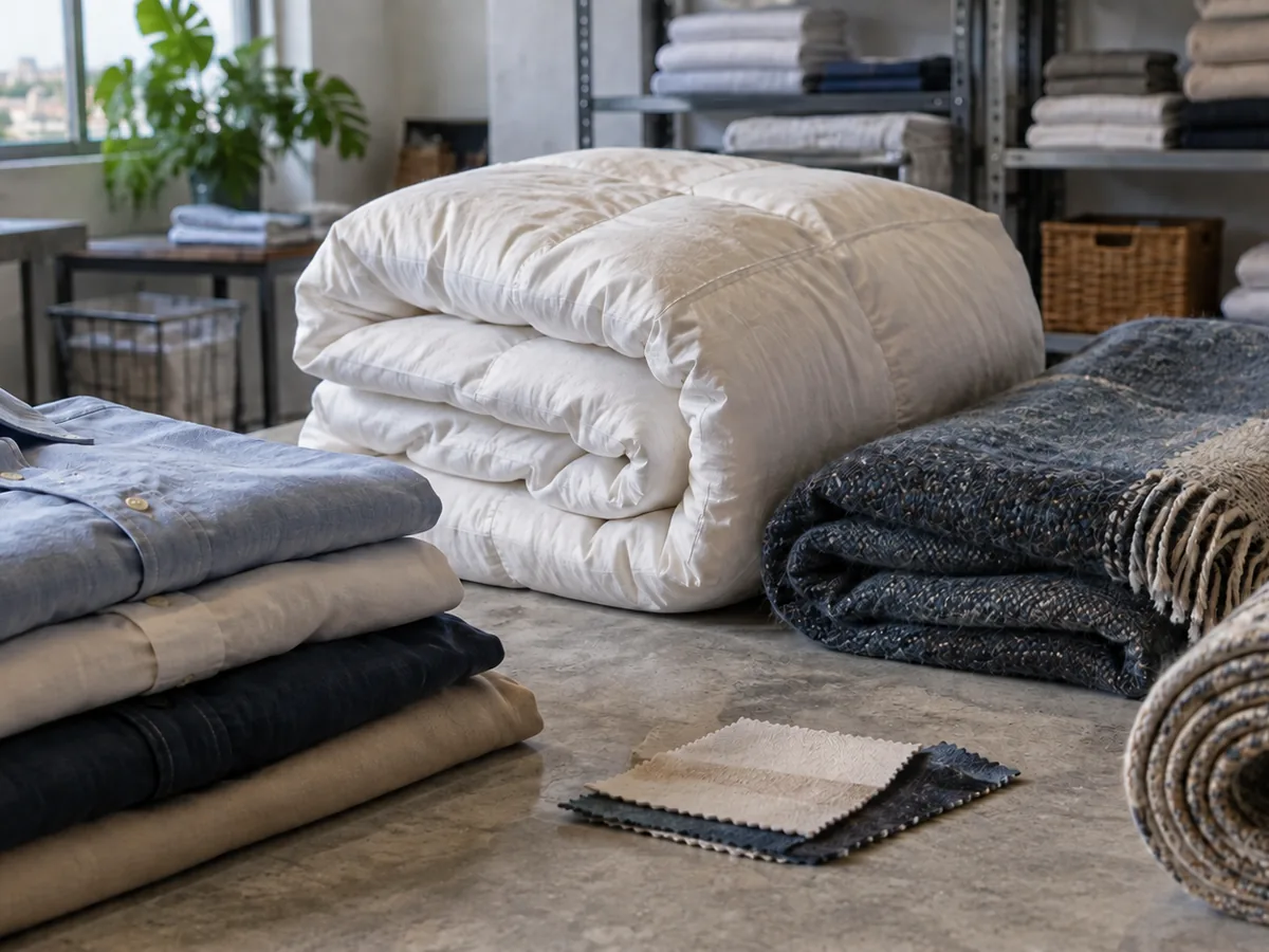 Roupas, cortinas, persianas e tapete organizados para avaliação